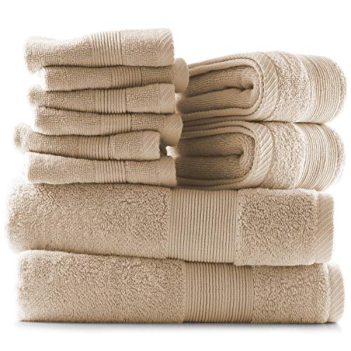 Image of Hearth & Harbor Bath Towels for Bathroom - 100% Ring Spun Cotton Luxury Bathroom Towels - Ultra Soft & Highly Absorbent, Bath Towels Set of 10 - Beige Cream