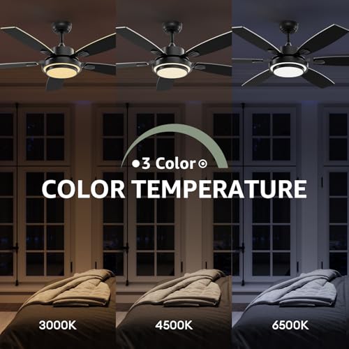 Size 52 Color Black Ceiling Fans with Lights and Remote Control, Ceiling Fan for Bedroom Living Room and Patio, Medium Modern Black Ceiling Fan for Indoor and Outdoor