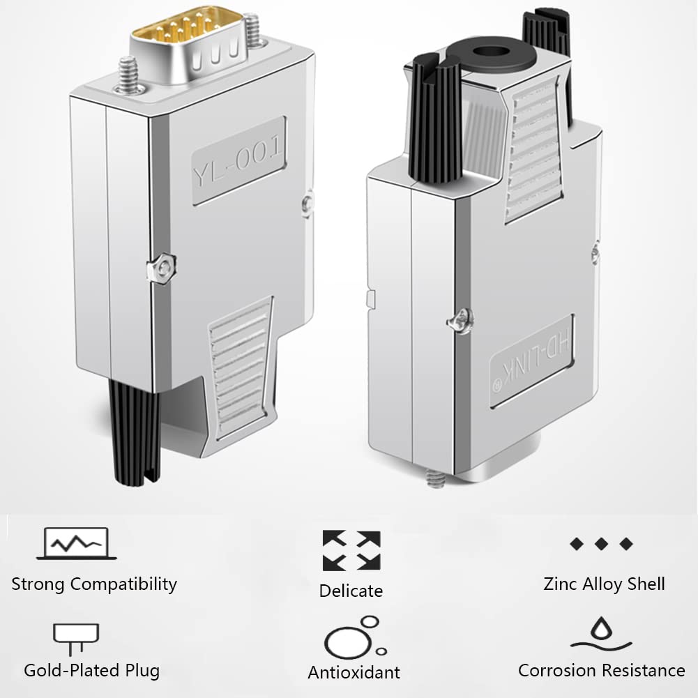 2 unids VGA DB15 adaptador hembra macho de 3 filas, 0.630 in más delgado 3+9 D-SUB 15 pin terminal de puerto sin soldadura placa conector con carcasa de metal pernos largos tubo de cola 2