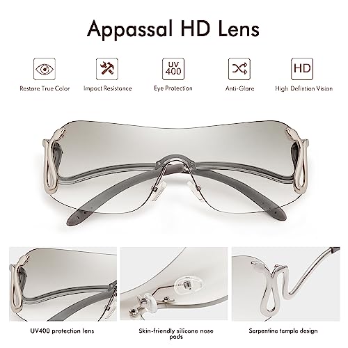 Rimless Y2k Sunglasses for Women Men Trendy Oversized Wrap Around Snake Shades AP3652