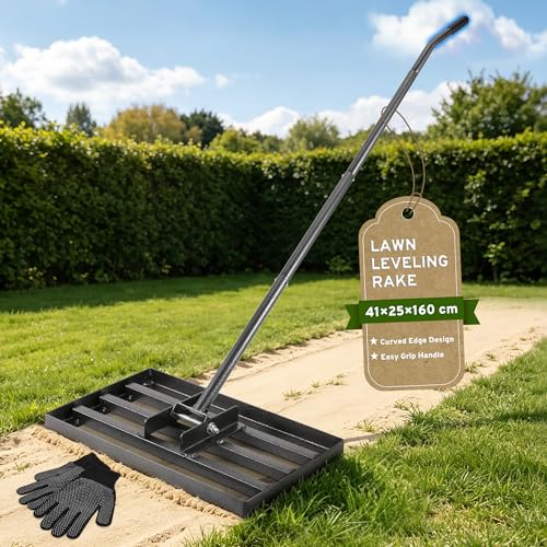 COZCLAM Lawn Levelling Rake 41 x 25cm Lawn Leveller Tool with 160cm Handle Garden Levelling Rake for Soil Sand & Top Dressing Lawn Leveling Rake for UK Garden Care Gloves Included