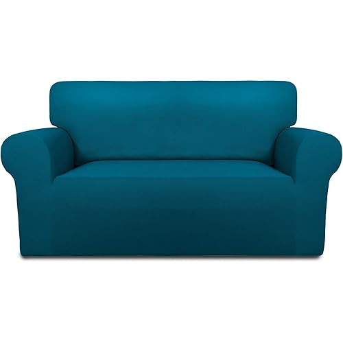 PureFit Super Stretch Sofa Slipcover – Spandex Non Slip Soft Couch Sofa Cover, Washable Furniture Protector with Non Skid Foam and Elastic Bottom for Kids, Pets (Loveseat, Peacock Blue)