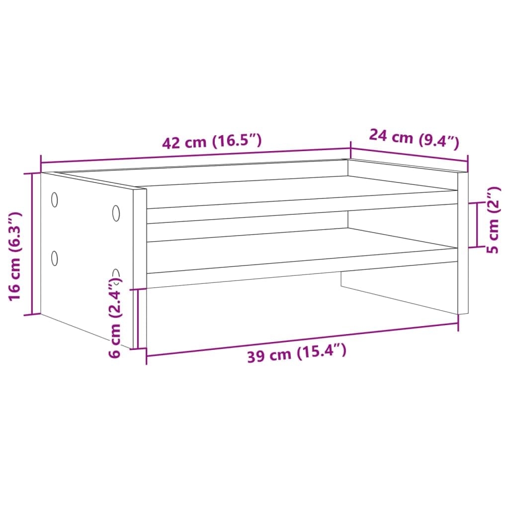 Supporto per monitor in legno grigio sonoma, 42 x 24 x 16 cm, con 2 ripiani, per monitor fino a 25 kg, da scrivania, per ufficio domestico