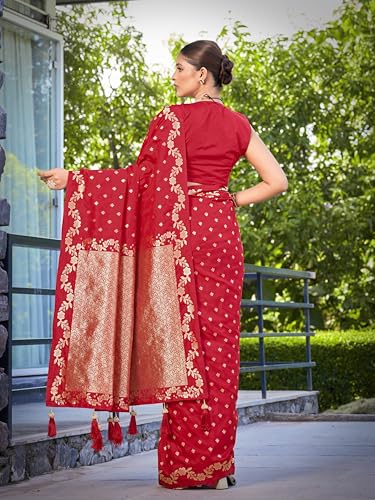 Image of MANOHARI Women's Trendy Banarasi Satin Silk Woven Saree with Heavy Jacquard Work, Elegant Design for Women with Lace Border Unstitched Blouse Piece for Weddings & Festive Occasions