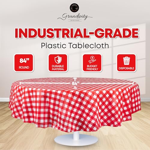 Image of Grandipity Plastic Table Cloth Disposable 12 Pack 84 inch Round Red Gingham | Plastic table covers, durable disposable tablecloths, fade and tear-resistent table cover for party, event