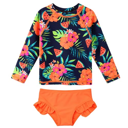 Image of XFGIRLS Girls 2-Piece Swimsuit Long Sleeve Rash Guard Set Toddler 6M-8Y | UPF 50+ blocks 98% UV, Quick-dry, Easy on /off, Bright colors stand out, Machine wash, Breathable, Beach, swim, water park