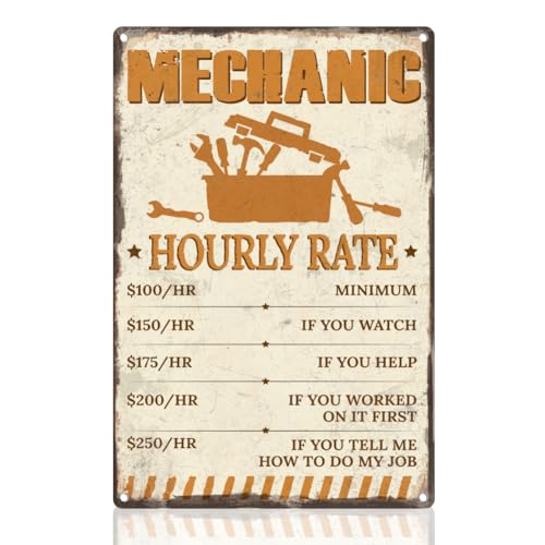 Doodlream Panneau de mécanicien de magasin - Décoration murale - Reproduction du taux horaire - Affiche vintage en métal pour caverne d'homme, voitures, atelier, garage, décoration murale cadeau, 20,3