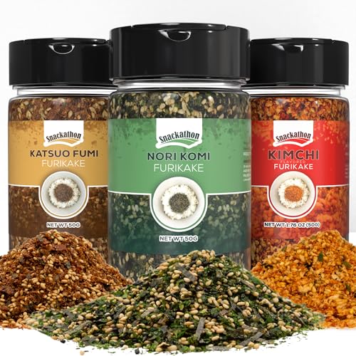 Snackathon Furikake Rice Seasoning, 3-Flavor Bundle (Nori Komi, Katsuo Fumi, Kimchi Flavored), Japanese Spices Topper for Rice Balls, Salads, Stir-Fried Vegetables, 1.76 oz Jars (Pack of 3)