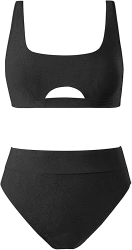 Miniatura 5 de CUPSHE Conjunto de bikini para mujer, trajes de baño de dos piezas, cintura alta, cuello cuadrado, recorte, correas ajustables, gancho trasero