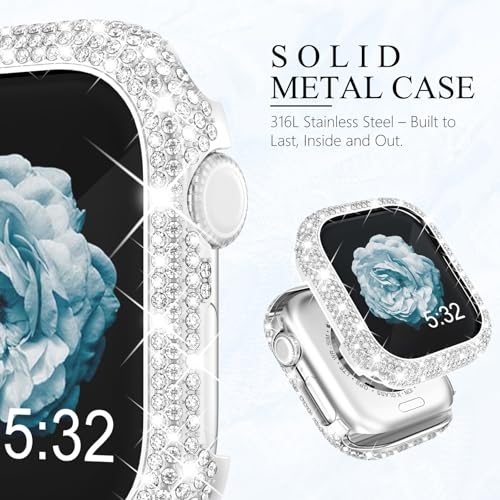 Suraceメタルケース Apple Watch Series 11 Series 10 46mm対応 フルブリング クリスタルダイヤモンド メタルフェイスカバー 保護ケース バンパー iWatch Series 10 Series 11 46mm用 シルバー