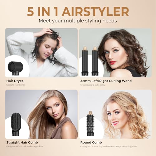 5 in 1 Hair Dryer Brush Set, Negative Ion Blow Dryer Brush Upgrade Hot Air Brush Air Styler Curling Wrap Air Curler, Curling Iron Hair Styling Tools As A Gift for Straight/Curl/Drying/Smoothing - Image 6