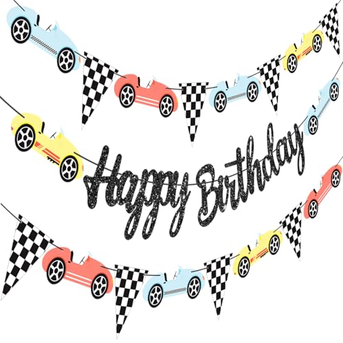 Vintage Racing Car Birthday Banners Racing Car Themed Party Decorations Glitter Black Race Car Happy Birthday Banners Checkered Flag Racing Party Decor for Car Baby Shower Supplies