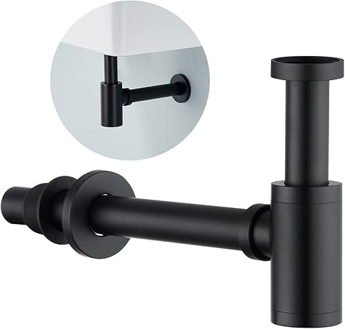 Heixutas Fregadero de baño de latón P Trap Trampa para fregadero de 1-14 con altura ajustable - Trampa P de botella redonda negra mate con tubo de