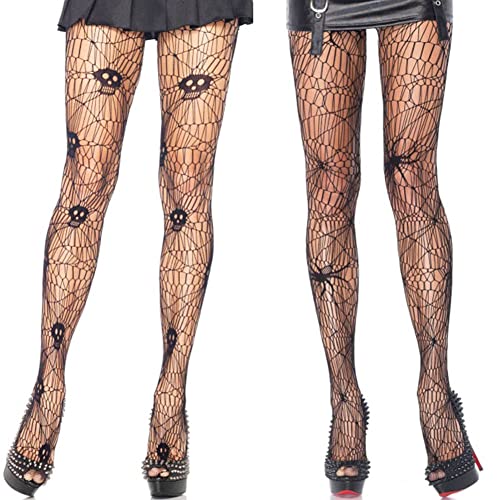 Image of 2 Pairs Fishnet Stockings for Women Fishnet Pantyhose Halloween High Waist Tights with Lace Spider Web Skull Pattern