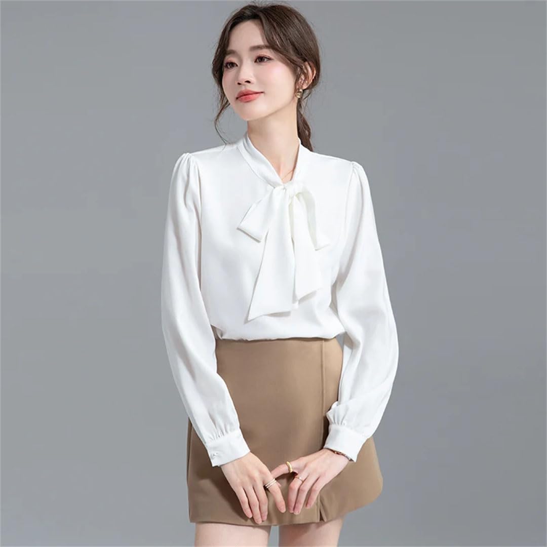 Blusas de oficina para mujer, con lazo, de manga larga, estilo coreano, holgadas