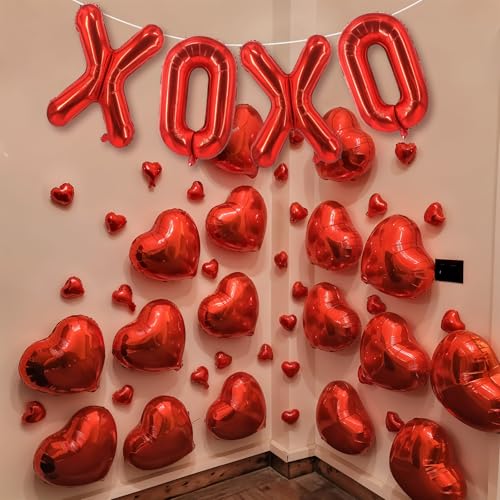 Image of Red XOXO Heart Balloons 6 Pcs Valentines Day Balloons Red Heart Shaped Balloon XOXO Foil Balloon Letters for Girls Women Anniversary Sweet Valentine Day Romantic Decorations Special Night Party