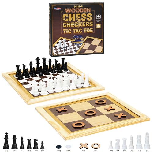 Image of Toyaffair Wooden Board Game Set - Checkers, Chess, and Tic Tac Toe -Multi Game Board for Kids and Adults, Portable Family Fun Game (3 in 1 Wooden Board Game)