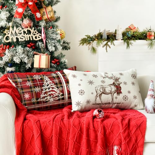 Artoid Mode Buffalo Plaid Tree Deer Snowflake Christmas Cushion Covers Set of 2 - Image 3