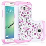 Core Prime Case, Elegant Choise Slim Dual Layer Armor Studded Rhinestone Bling Phone Case Cover with Flower Pattern for Samsung Galaxy Core Prime/Prevail LTE G360 (White+Pink)