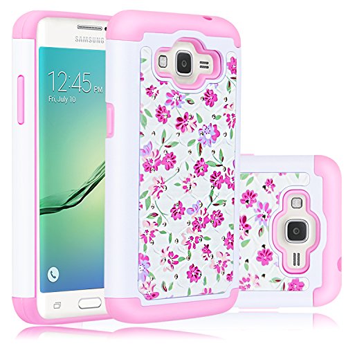 Core Prime Case, Elegant Choise Slim Dual Layer Armor Studded Rhinestone Bling Phone Case Cover with Flower Pattern for Samsung Galaxy Core Prime/Prevail LTE G360 (White+Pink)