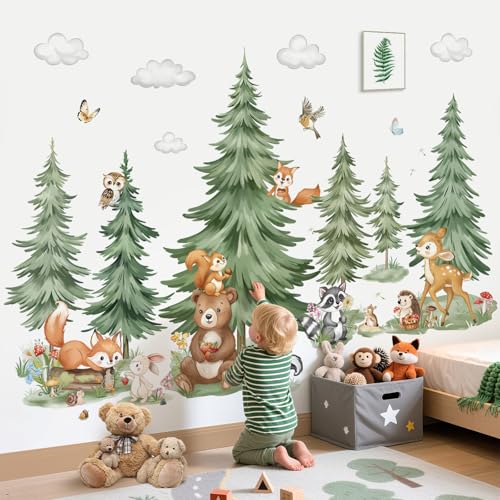 decalmile Pegatinas de Pared Infantiles Árbol Pino Grandes Vinilos Decorativos Animales del Bosque Ciervo Zorro Ardilla Adhesivos Pared Habitación Niño Bebés Dormitorio Guardería