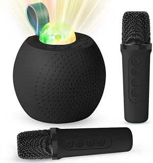 Mini Karaoke Machine for Kids Adults, Bluetooth Speaker with 2 Wireless Microphones:Portable Microphone Speaker with Colorful LED Disco Lights for Home Party-Birthday Gifts for Girls Boys (Black)