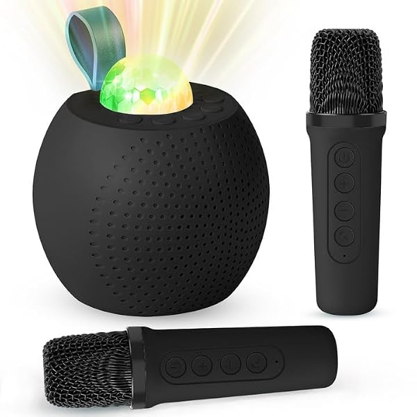 Mini Karaoke Machine for Kids Adults, Bluetooth Speaker with 2 Wireless Microphones:Portable Microphone Speaker with Colorful LED Disco Lights for Home Party-Birthday Gifts for Girls Boys (Black) by dgtenk - Used condition - US$13.10
