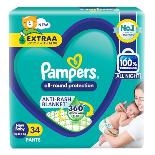 Image of Pampers All round Protection Pants, Newborn, Extra Small size baby diapers (0-5kg) 34 Count, Lotion with Aloe Vera