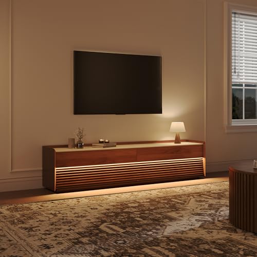 Image of POVISON Fully-Assembled Mid Century Matte Sintered Stone TV Stand, 78.74 inch Wood Media Console with Adjustable LED Light, Entertainment Center with Storage for Living Room