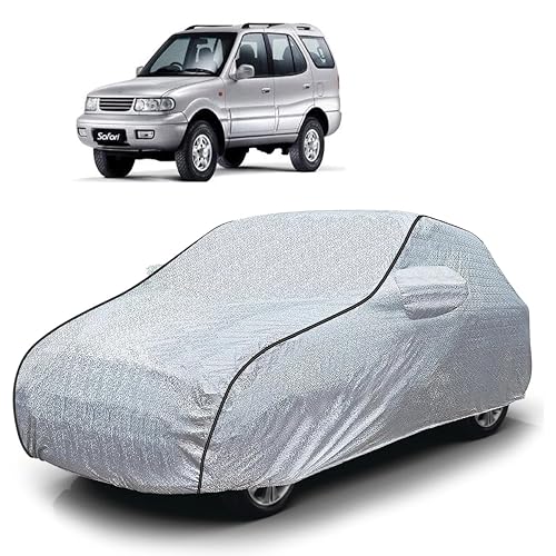 Image of Sulfar 100% Waterproof Car Body Cover Compatible with Mirror for Tata Safari Dicor (Triple Stitched, Full Bottom Elastic, Magic Silver with Black Piping)