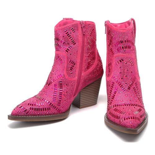 Lryweisy Botas vaqueras con diamantes de imitación para mujer, botas de vaquera para mujer para llevar con falda de mono, media falda y asistir a banquetes, bodas, fiestas, compras, viajes, baile,