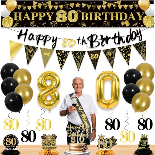 Image of 80th Birthday Decorations for Men, Black Gold 80th Party Decoration Kits