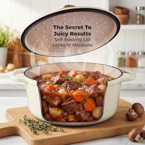 Image of Zulay Kitchen 5 Quart Enameled Cast Iron Dutch Oven Pot with Lid - Premium Durability & Oven Safe up to 500F - Heavy Duty Cookware Perfect for Bread Baking, Stews, Braising & Roasting - Ivory