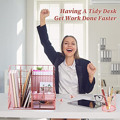 Rose Gold Desk Organizer with 6 Compartments, Mesh Metal Home Office Supplies Cute Pen Holder with Accessories, Magazine Notepads Storage Stationary Set for Women Girls