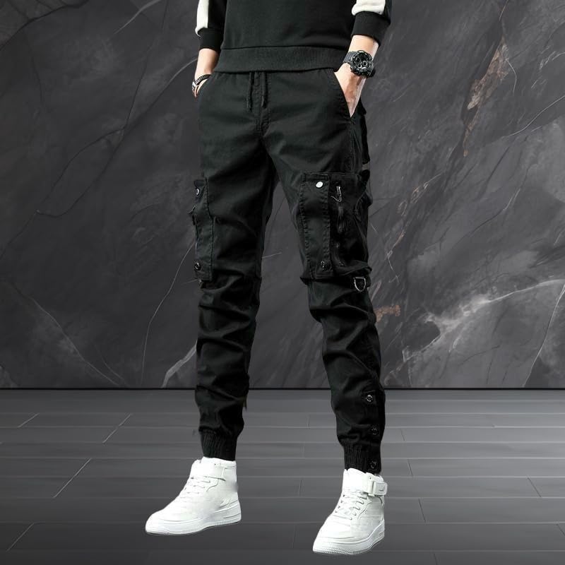Men's Spring Autumn Slim Fit Cuffed Hem Stylish Multi-Pocket American Style Black Cargo Pants Skinny Leg2