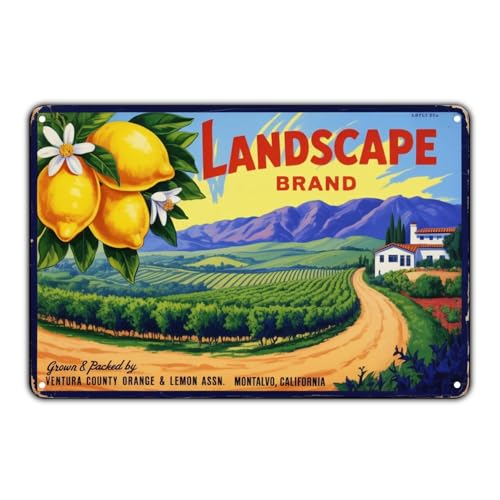 Lemon Landscape Fruit Ventura County tin sign Vintage Citrus Grove Metal Sign Print Aesthetic for Garden Yard Bar Porch Home Bedroom Kitchen Wall Decor Gift 8 x 12 in