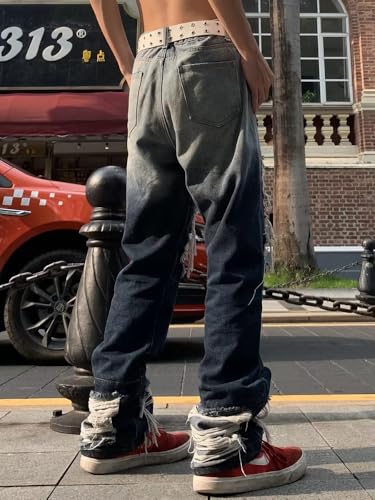 Men's Vintage Y2K Baggy Jeans Relaxed Straight Fit Embroidered Knee & Wave Patch Design Streetwear Rugged Casual Denim Pants4