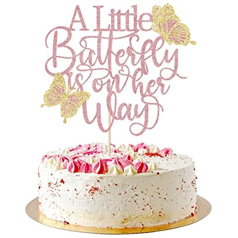 AROKIPPRY A Little Butterfly is on Her Way Cake Topper,Butterfly Themed Cake Decoration,Great for baby shower, welcome baby,gender reveal party decoration supplies (Rose gold) Cover