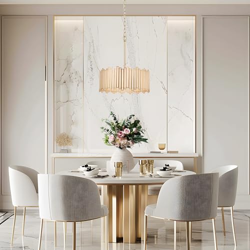 KSANA Gold Drum Chandelier, Modern Drum Pendant Light Fixture with Cream Glass Shade for Dining & Living Room, Bedroom, Foyer and Kitchen by KSANA - Image 2