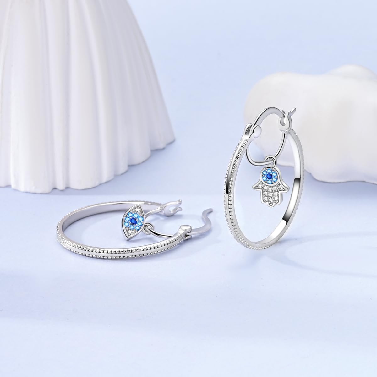 Hapour Sterling Silver Cubic Zirconia Hoop Earrings for Women Teen, Hypoallergenic Rhinestone Earrings Sparkly Crystal Hamsa Hand Evil Eye Hoops - Image 2