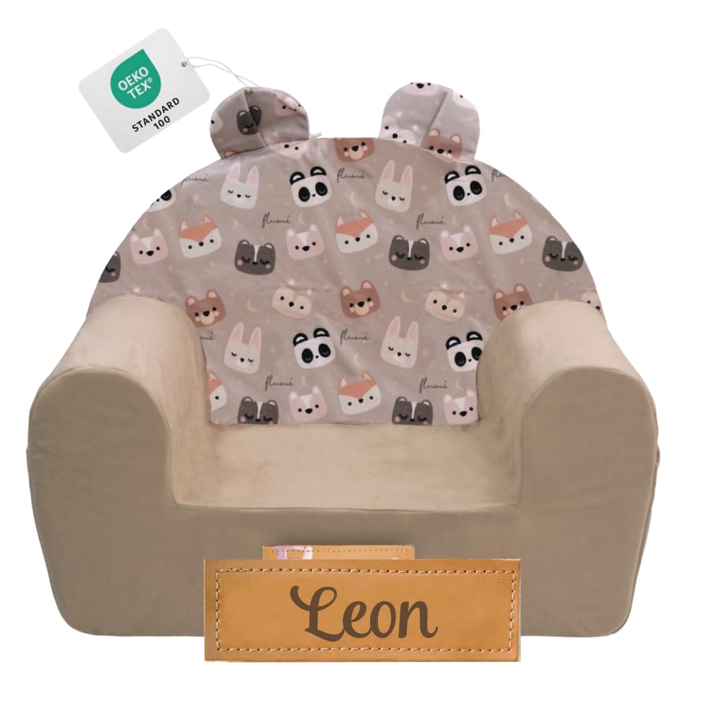 Poltrona per bambini personalizzata Flumi - Seduta per la sala giochi - Poltrona con nome inciso del bambino (BEIGE + BEARS)