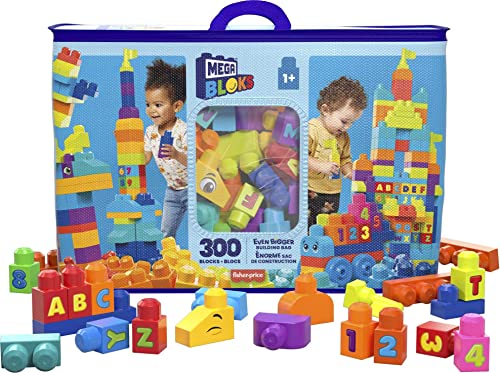 Image of Mega Bloks First Builders Toddler Blocks Toys Set, Even Bigger Building Bag with 300 Pieces and Storage, Creative Learning Play, Blue, Ages 1+ Years