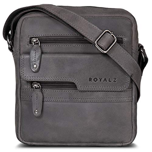 ROYALZ 'Oregon' Leder Umhängetasche Herren Klein Männer Ledertasche Vintage Herrenhandtasche Moderne Schultertasche Messenger Bag Echtleder, Farbe:Navy Grau