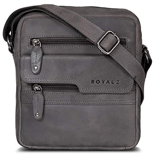 ROYALZ 'Oregon' Leder Umhängetasche Herren Klein Männer Ledertasche Vintage Herrenhandtasche Moderne Schultertasche Messenger Bag, Farbe:Navy Grau