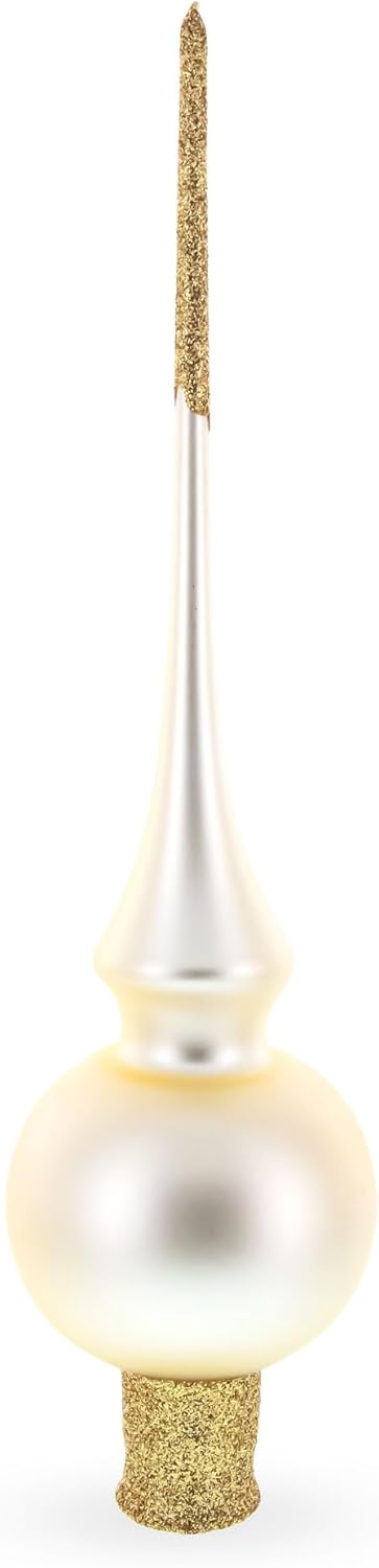 Matte Beige with Sparkling Top Glass Christmas Tree Topper 11 Inches