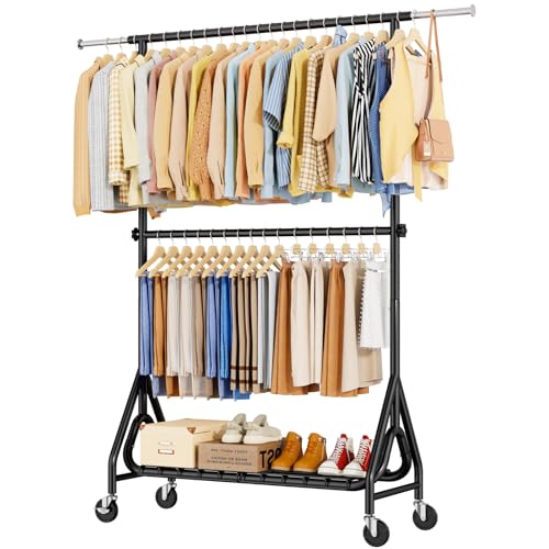 Image of Double Rods Clothing Rack, Heavy Duty Clothes Rack for Hanging Clothes Load 560LBS, Metal Rolling Garment Racks with Wheels, Freestanding Clothes Hanging Racks, Black