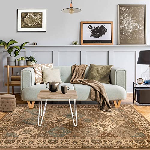 Superior Indoor Area Rug, Traditional Floral Classic Floor Decor for Bedroom, Entryway, Hallway, Office, Living/Dining, Plush Carpet Cover, Palmyra Collection, 8' x 10', Beige