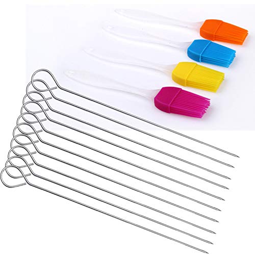 Yitaocity Lot de 10 pics à brochettes en acier inoxydable pour barbecue + 4 brosses à huile Cover