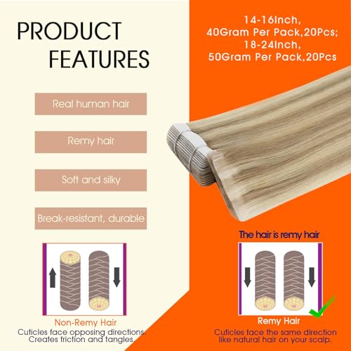 Image of Full Shine Injection Tape in Human Hair Extensions Color 16 Highlighted 22 Blonde Tape in Extensions 24Inch Long Silky Straight Skin Weft 50G 20Pcs Travel Friendly Styling for Women