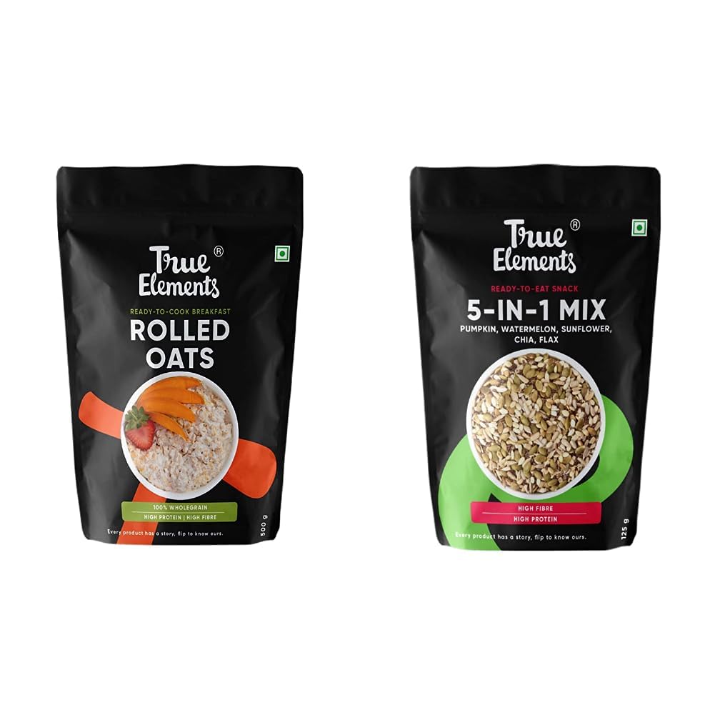 True Elements Rolled Oats 500g & True Elements 5 in 1 Super Seeds Mix 125g - Seeds Mix for Eating | Roasted Seeds | Diet Snacks for Weight Loss-picture-16